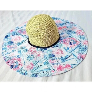 Lilly Pulitzer "Sea To‎ Shining Sea" Beach Sun Hat Blue/Pink Straw